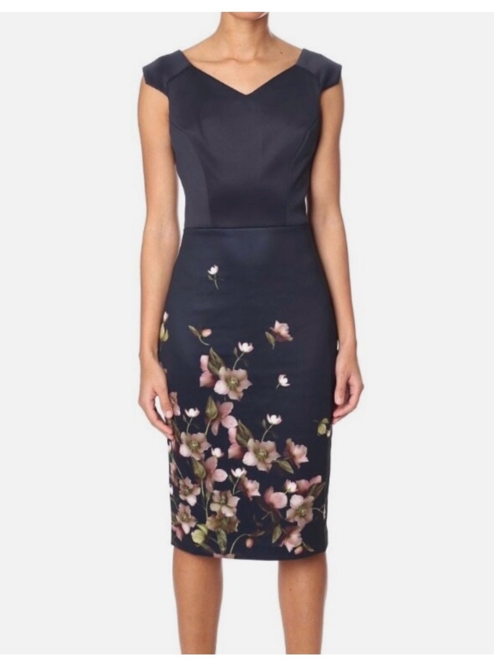 Ted Baker Hilldi Dress Women Size 0 Navy Floral Sheath Work Office Midi